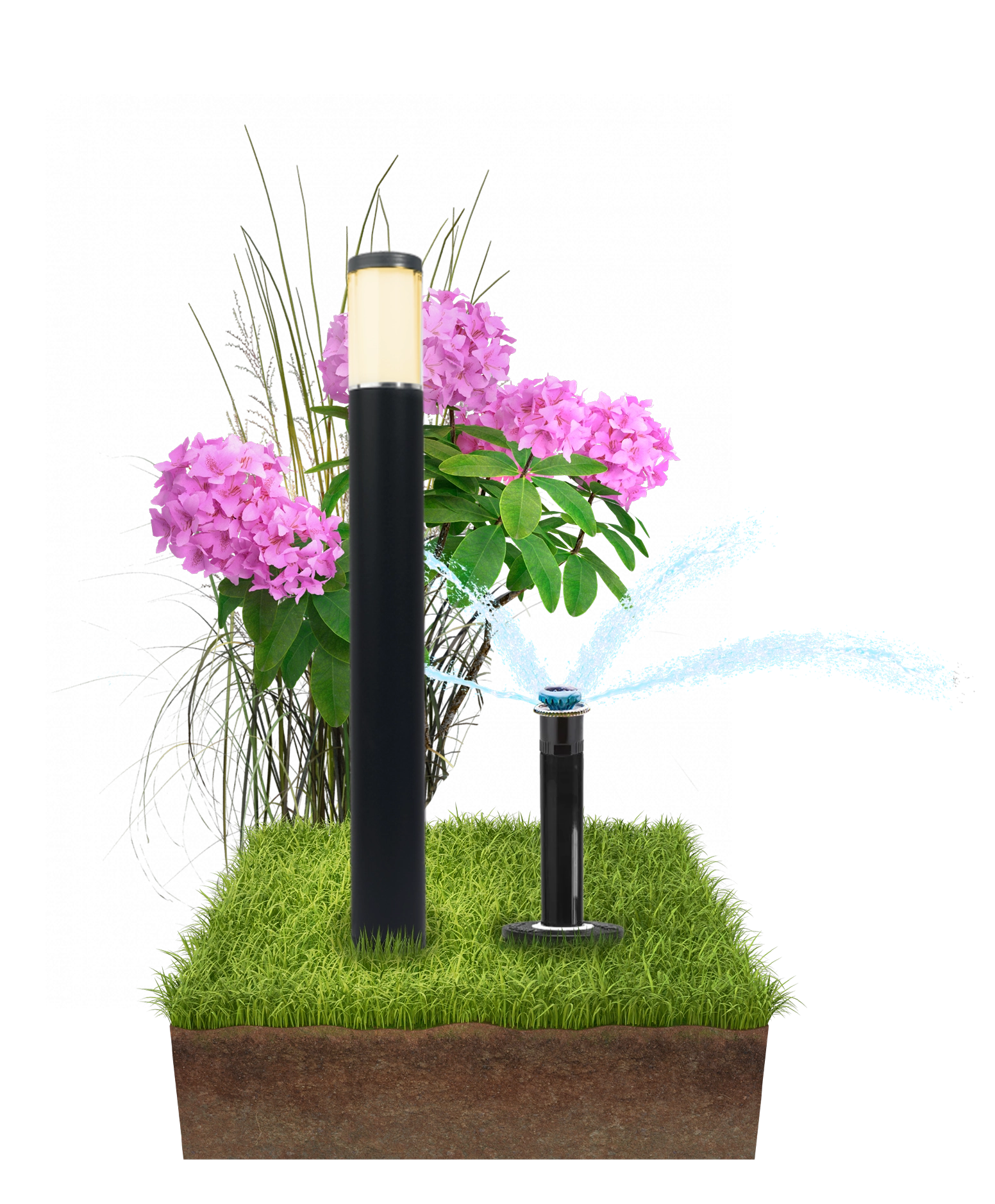 3d Model of Landscaping Light Fixture and Sprinkler Head, on a piece of turf with flowers in the background