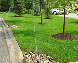 An Irrigation sprinkler for a condo complex watering a boulevard with trees and grass