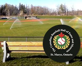 Irrigation systems watering the outfield for the St Marys Baseball Field at the Hall of Fame Museum